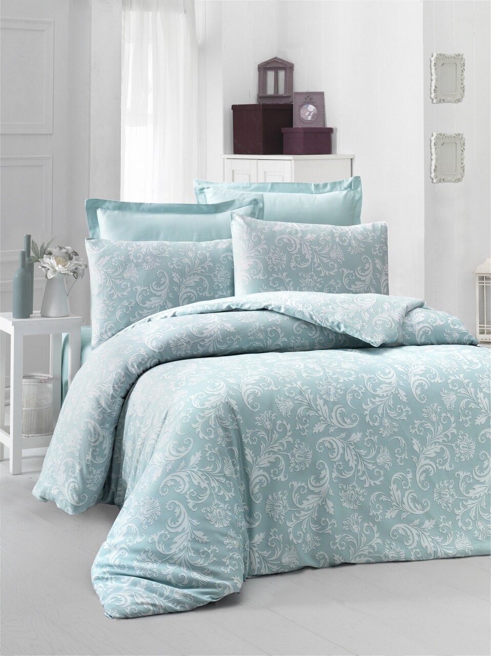 Lenjerie de pat dubla King(FR) Verano, Victoria, 3 piese, 240x220 cm, bumbac satinat, verde menta - imagine 7